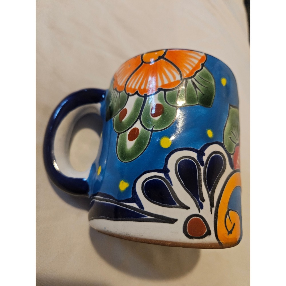Coffee Mug Hand Painted Blue Floral Mexican Folk Art Talavera Like Pottery